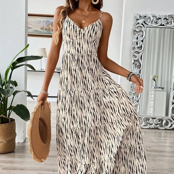 Apricot Boho Women's Belted Spaghetti Strap Patchwork Dress - Picture 1 of 6